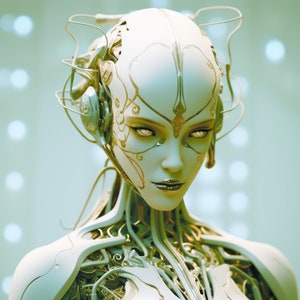 May include: A white robot with gold accents and a detailed, intricate design. The robot has a human-like face with large, white eyes and a delicate, feminine expression. The robot is wearing a headset with wires connecting to its head.