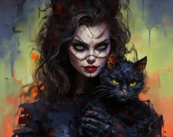 Halloween Print Halloween Black Cat Printable Jack O Lantern Poster Witch Wall Art All Saints Home Décor Scary Painting Midjourney AI Art