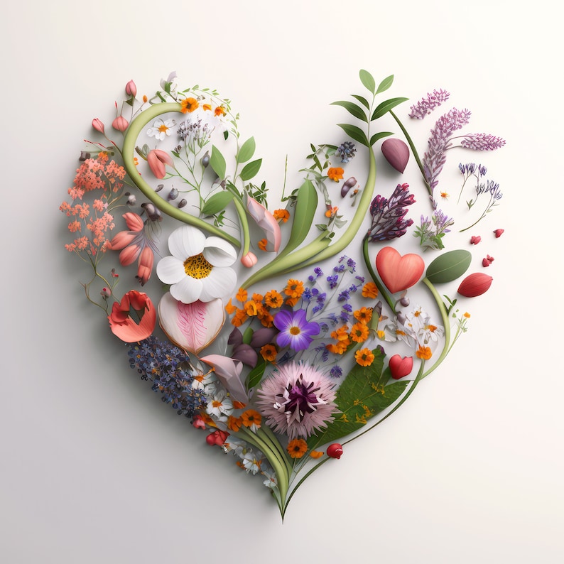 Blumen Herz Print Herz aus Blumen druckbares Herz Poster AI Art