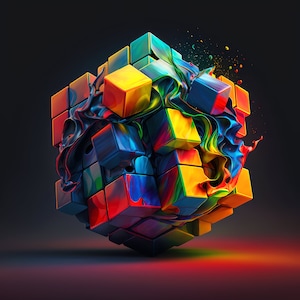 May include: A colorful cube made of smaller cubes with a swirling, abstract design. The cube is made of red, blue, yellow, and green. The design is reminiscent of paint splatters.