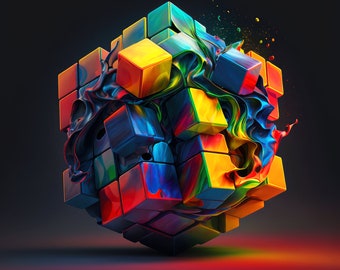 Rubik Cube Printable Rubik Cube Print Colorful Wall Art Download Technicolor Oil Painting Cube Home Decor AI Art Midjourney
