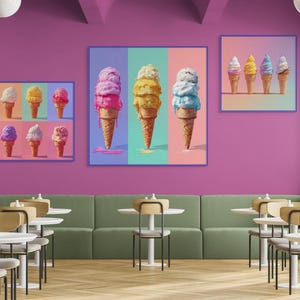 May include: A colourful interior with ice cream artwork. The walls are painted a bright magenta, with a green sofa and light wood tables and chairs. The artwork features colourful ice cream cones, creating a playful and inviting atmosphere.