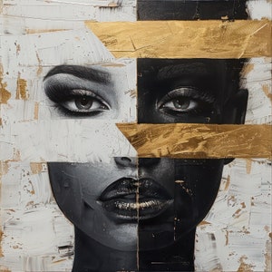 Ritratto di donna Stampa Volto di donna Stampabile Arte della parete Pittura Volto femminile Poster Ragazza astratta Scarica Decorazioni per la casa Oro Nero