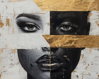 May include: A black and white portrait of a person with gold accents. The person's face is split in half, with one side being black and the other white. The person's eyes are looking directly at the viewer.