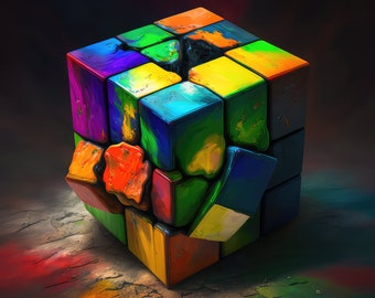 Rubik Cube Printable Rubik Cube Print Colorful Wall Art Download Technicolor Oil Painting Cube Home Decor AI Art Midjourney