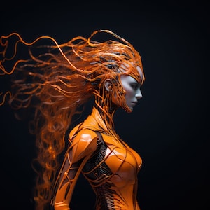 Orange Roboter Mädchen Druck Roboter Frau druckbare weibliche Android Futuristische Wand Kunst Sci Fi Poster Home Décor AI Art Cyborg Midjourney