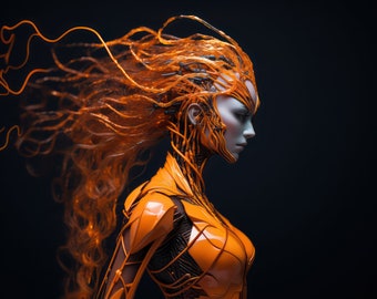 Impressão de menina robô laranja, mulher robô, impressão feminina androide futurista, arte de parede, pôster de ficção científica, decoração de casa, arte de IA, ciborgue, meio da jornada