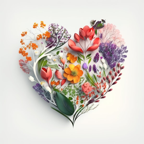 Stampa di cuore di fiori Cuore di fiori Poster stampabile di cuore Arte AI Arte della parete Decorazione della casa per la festa della mamma Midjourney