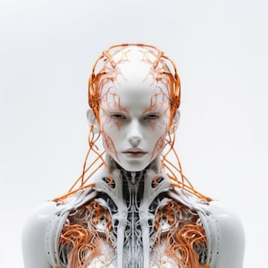 May include: A futuristic, white-skinned android with intricate orange wiring across the head, face, and chest. The robot has a serene expression and a detailed, mechanical design, suggesting a blend of human and machine elements. The image is set against a clean, white background.