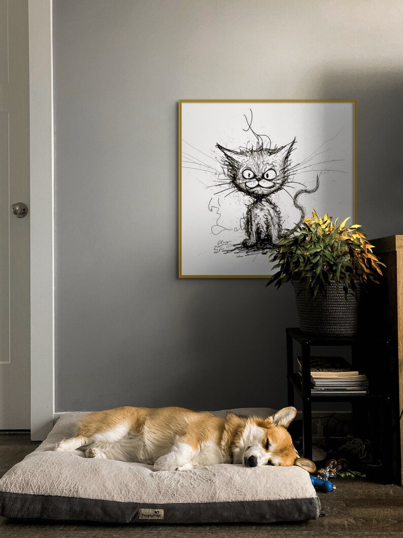 Cat Drawing Black and White Cat Printable Cat Print Scribble - Etsy