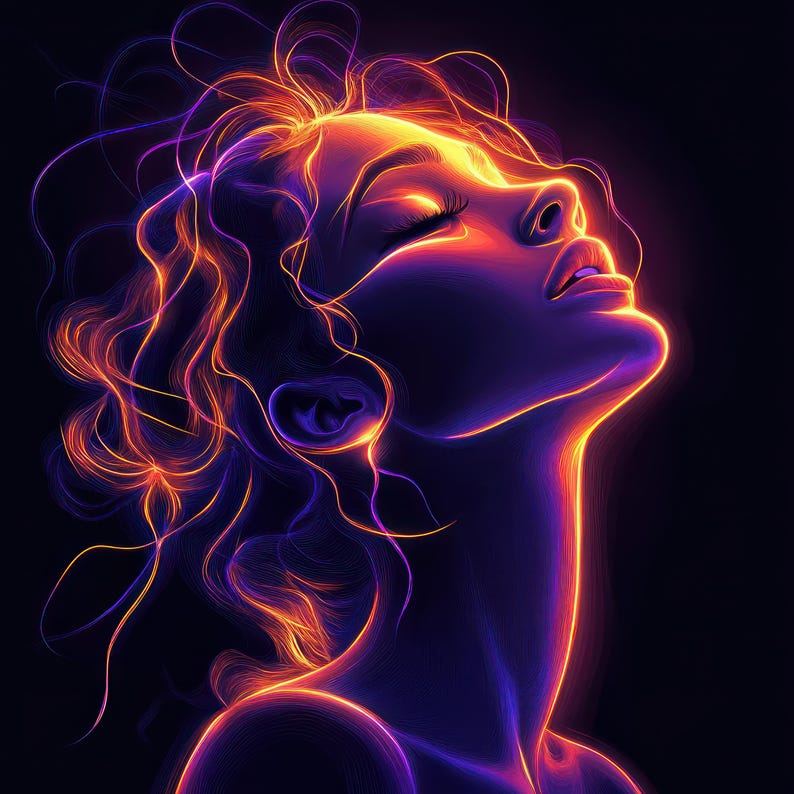 Può includere: Un'illustrazione digitale di un viso e un collo con linee luminose di colore arancione e viola. Gli occhi della persona sono chiusi e la testa è inclinata all'indietro.