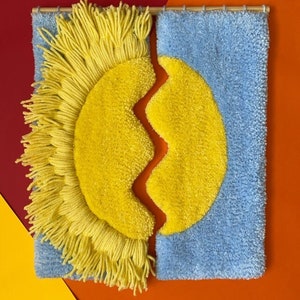 Yellow and blue sun, colorful wool wall tapestry with the tufting and punch needle technique, with bamboo suspension.