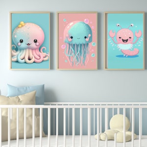Underwater Trio wall nursery art, set of 3, Ocean themed decor, Childrens marine prints of octopus, lobster and jellyfish, DIGITAL DOWNLOAD