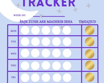 Puede incluir: Un rastreador imprimible azul y morado para llevar un registro de las oraciones diarias. El rastreador tiene una luna creciente y estrellas en el fondo. Los días de la semana están listados en el lado izquierdo del rastreador, y los nombres de las oraciones están listados en la parte superior. Hay círculos para colorear para cada oración.