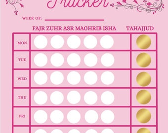 Puede incluir: Tabla rosa "My Salah Tracker" con detalles florales. Incluye espacios para el nombre y la semana, con columnas para las oraciones diarias: Fajr, Zuhr, Asr, Maghrib, Isha y Tahajjud. La sección Tahajjud tiene círculos dorados.