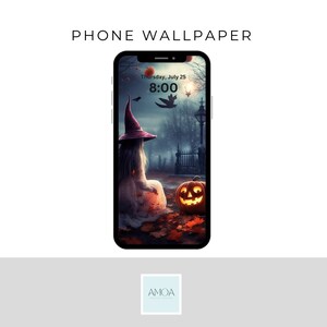 Griezelige Halloween-telefoonachtergrond | Directe digitale download | Pompoenen, heksen en vleermuizen | hoogwaardige JPG-afbeelding | 1080 x 1920 pixels
