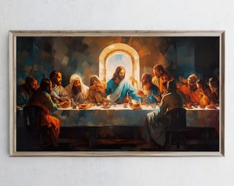 May include: A painting depicting the Last Supper, a biblical scene where Jesus shares a meal with his disciples. The painting features a long table with a group of men seated around it, including Jesus in the center. The scene is set in a dimly lit room with a window in the background. The painting is done in a realistic style with a focus on detail and emotion.