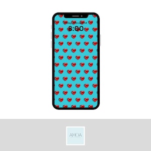Puede incluir: Un smartphone con bisel negro muestra un fondo turquesa cubierto de corazones rojos. La hora 8:00 se muestra en la parte superior, junto con la fecha viernes 14 de febrero.