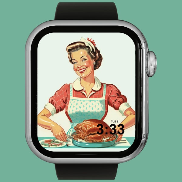 Maman des années 1950 à Thanksgiving Apple Watch Face | Téléchargement numérique instantané | Rétro | millésime | Maman servant de la dinde | Vacances | Le temps change