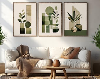 Peut inclure: Trois impressions d'art abstrait encadrées avec des formes géométriques et des motifs de feuillage vert. Les impressions sont accrochées sur un mur blanc au-dessus d'un canapé blanc avec une couverture en fourrure brune et un coussin à motifs brun et blanc.