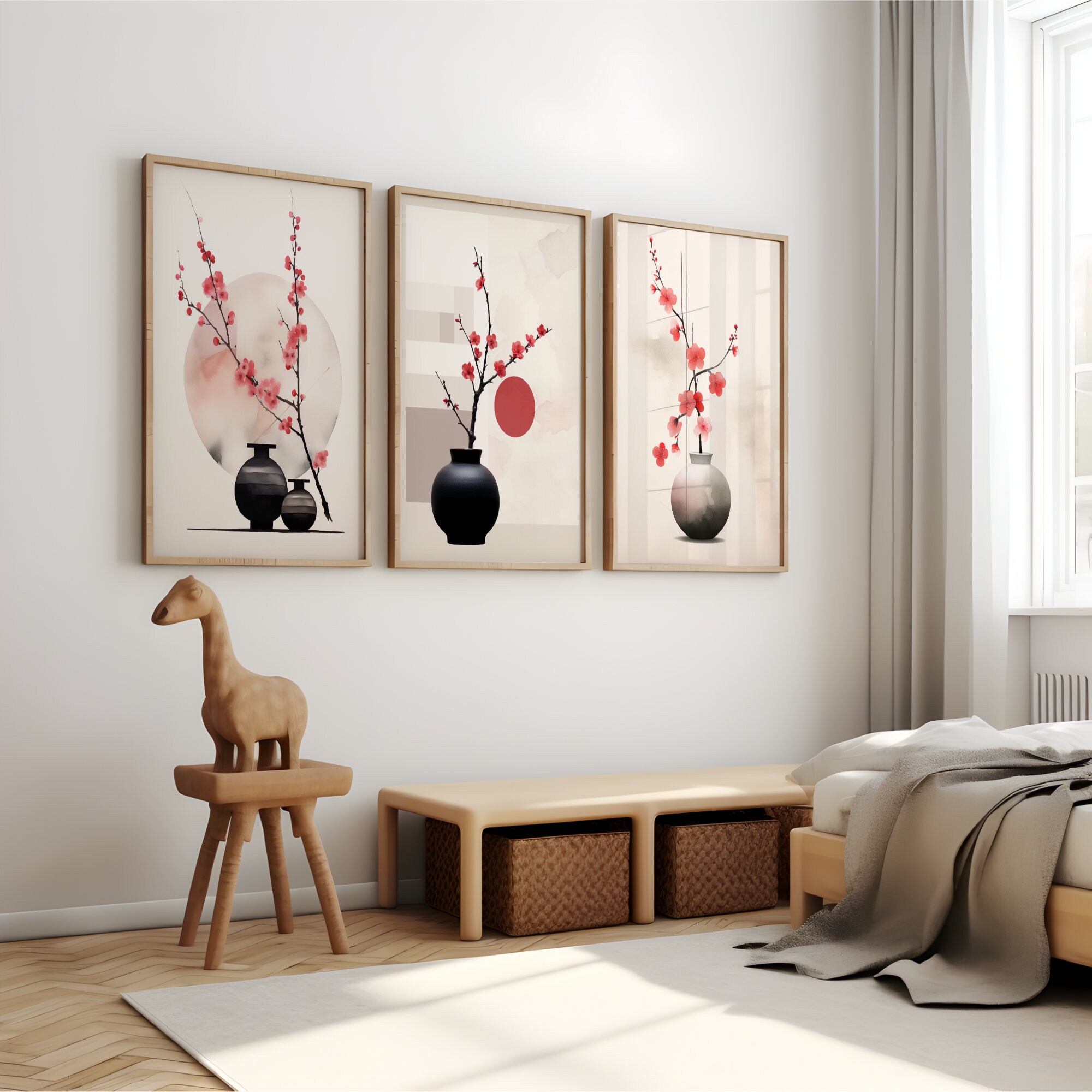 Cherry Blossom Japandi Printable Wall Art | Set of 3 Prints | Pink Wall ...