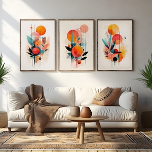 Boho Abstract Wall Art Prints, Set of 3 Wall Prints, Natural Floral Wall Art in Green Blue Yellow and Terracotta Living Room Home Decor Gift