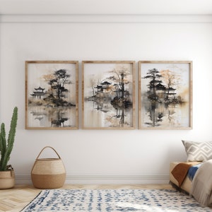 Japandi Wall Art, Tree and Lake Digital Download Printable Wall Art Set ...