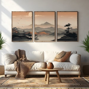 Japandi Wall Art Printable Wall Art Set – Set of three prints, Minimalistic Wabi-Sabi Abstract Landscape in warm orange and grey hues.