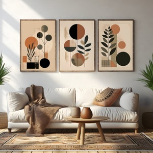 Boho Abstract Wall Art Prints, Set of 3 Wall Prints, Warm Geometric and Floral Designs in Terracotta, Beige, Green and Black - Bundle 2