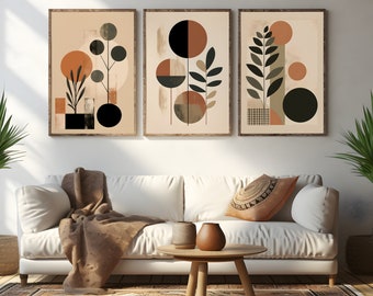 Boho Abstract Wall Art Prints, Set of 3 Wall Prints, Warm Geometric and Floral Designs in Terracotta, Beige, Green and Black - Bundle 2