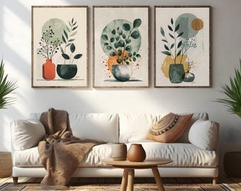 Boho Abstract Wall Art Prints, Boho Wall Decor, Set of 3 Prints, Scandi Art, Mid Century Prints, Sage, Green, Terracotta, Boho Wall Art