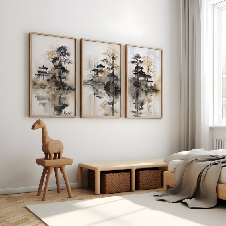 Japandi Wall Art, Tree and Lake Digital Download Printable Wall Art Set ...