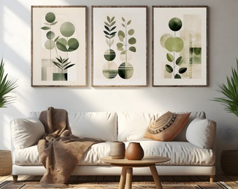 May include: Three framed abstract art prints with a green and brown color scheme. The prints feature stylized plants and geometric shapes.