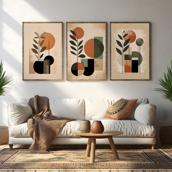 Lot de 3 impressions d'art murales bohèmes abstraites, motifs géométriques et floraux chaleureux en terre cuite, beige, vert et noir - Lot 1