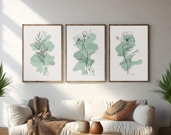 Sage Green Botanical Line Art Prints, Set of 3