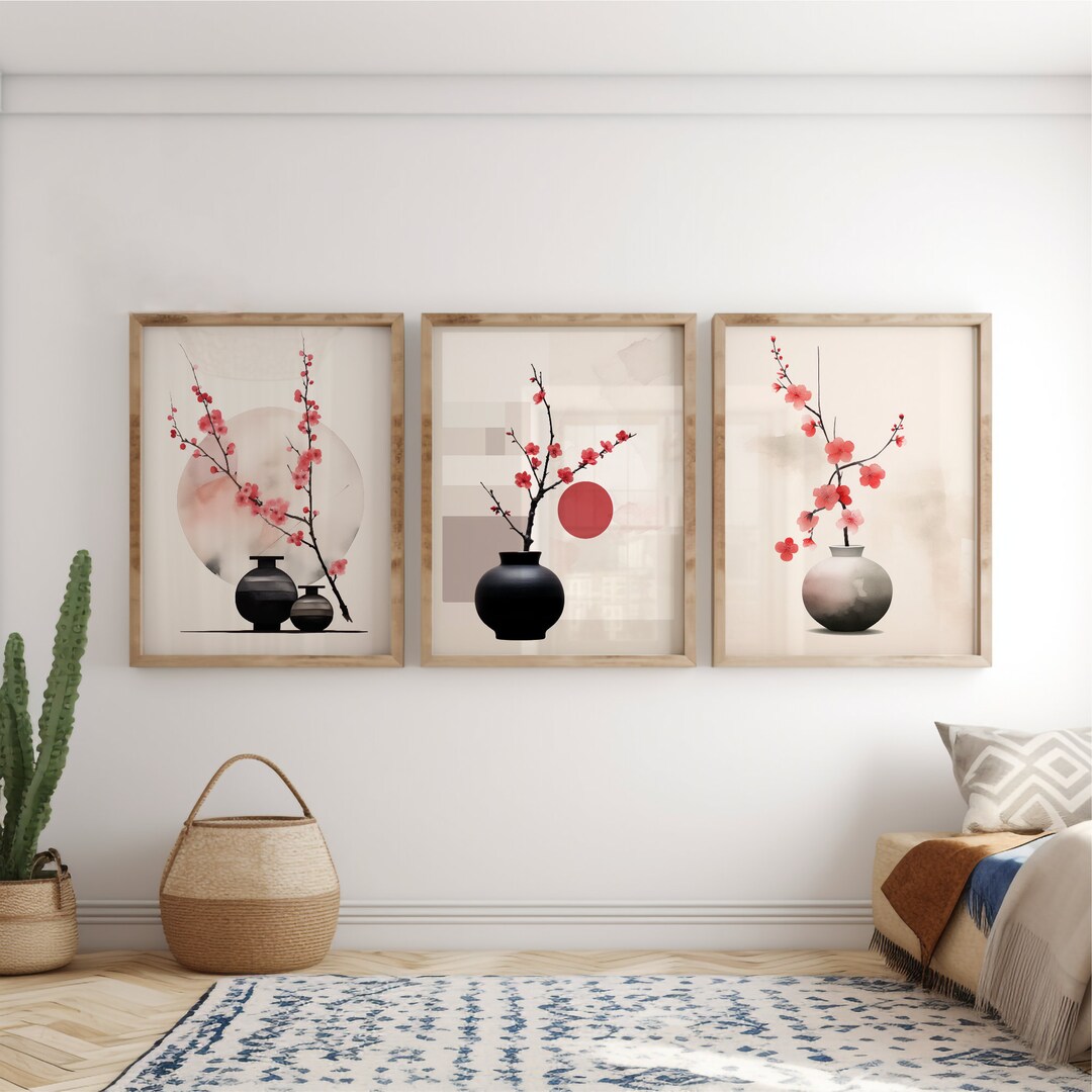 Cherry Blossom Japandi Printable Wall Art | Set of 3 Prints | Pink Wall ...
