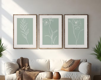 Sage Green Botanical Line Art Prints, Set of 3