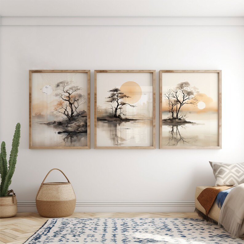 Japandi Wall Art, Tree and Lake Digital Download Printable Wall Art Set ...