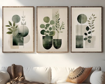 Boho Abstract Floral Wall Art Prints, Set of 3 Wall Prints Sage Green Floral Wall Art Decor for Living Room Dining Room Home Decor Art Gift