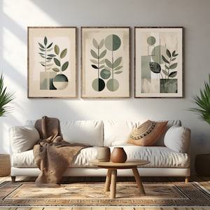 Boho Abstract Floral Wall Art Prints, Set of 3 Wall Prints Sage Green Floral Wall Art Decor for Living Room Dining Room Home Decor Art Gift