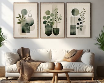 Boho Abstract Printable Wall Art, Set of 3 Wall Prints, Minimalist Geometric Floral Designs in Sage Green - Digital Download Bundle 1