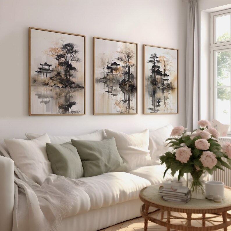 Japandi Wall Art, Tree and Lake Digital Download Printable Wall Art Set ...
