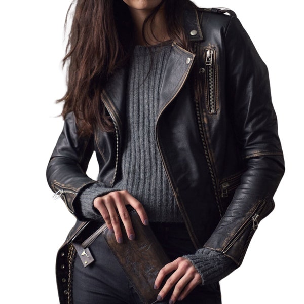 Veste en cuir d’agneau véritable Biker pour femmes-Dames Moto Slim Fit Veste en cuir souple-Cadeau pour elle-Veste en cuir d’hiver de la Seconde Guerre mondiale des années 80