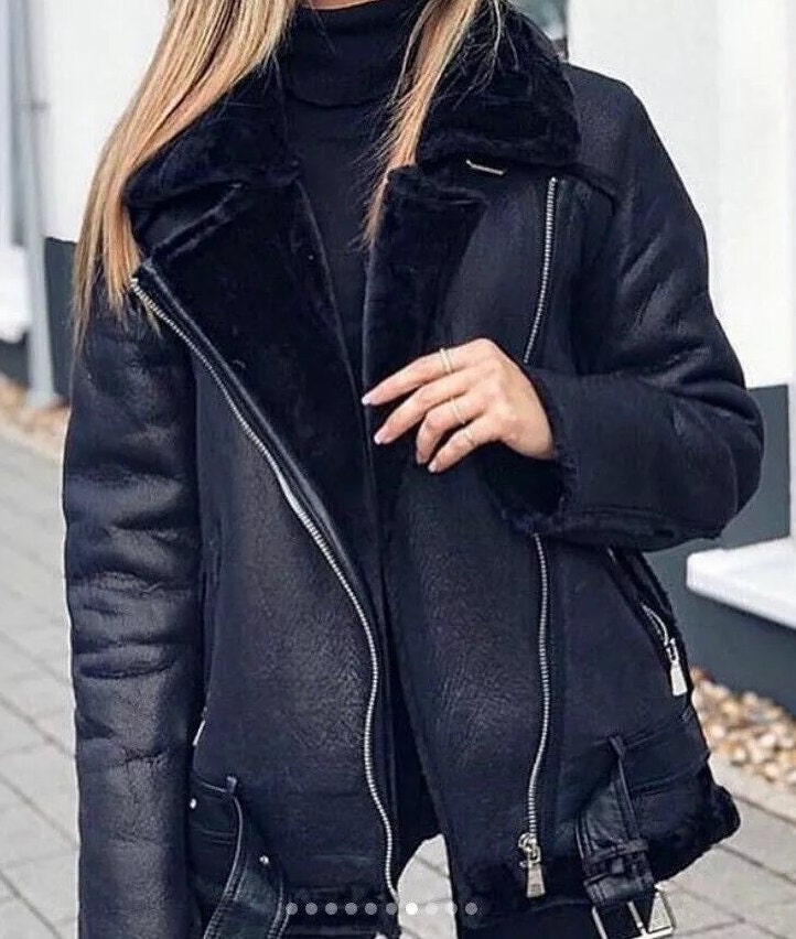 Black sheepskin coat Etsy
