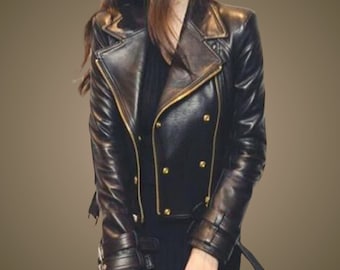 Women's Handmade Black Biker Vintage Sheepskin Soft Real Leather Jacket-Gift For Her-Black Moto Genuine Classic Leather-Luxury Gift for Wife