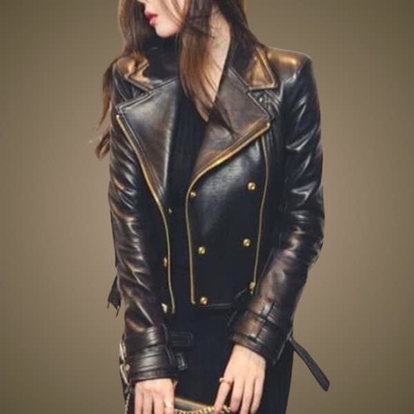 Femme faite à la main noir Biker vintage peau de mouton doux veste en cuir véritable-cadeau pour elle-noir Moto véritable cuir classique-cadeau de luxe pour femme