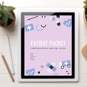 May include: A digital tablet displaying a patient packet with a pink background and blue and white medical icons. The text on the screen reads "PATIENT PACKET COMPREHENSIVE MEDICAL GUIDE" and includes fields for name, date of birth, address, email, and phone number.