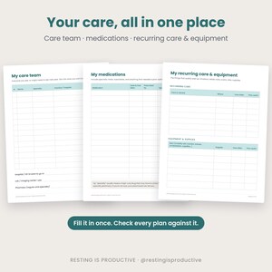 Three chart pages: my care team, my medications, and my recurring care and equipment, with blank rows to fill in by hand