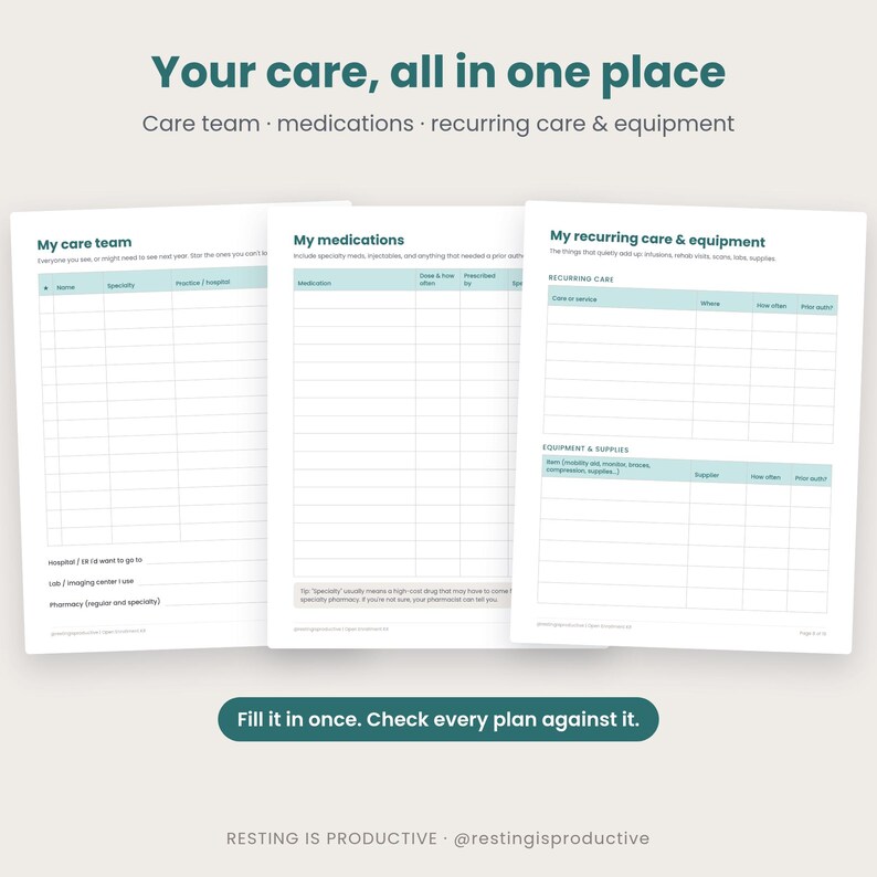 Three chart pages: my care team, my medications, and my recurring care and equipment, with blank rows to fill in by hand
