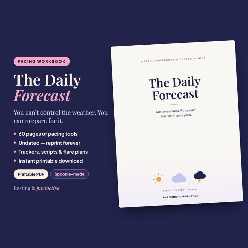 May include: A digital pacing workbook titled The Daily Forecast for chronic illness. The white cover features dark text, a sun, a cloud, and a storm icon with labels Sunny, Cloudy, Stormy. The dark blue background lists 60 pages, undated, trackers, scripts, flare plans, and printable PDF download details.